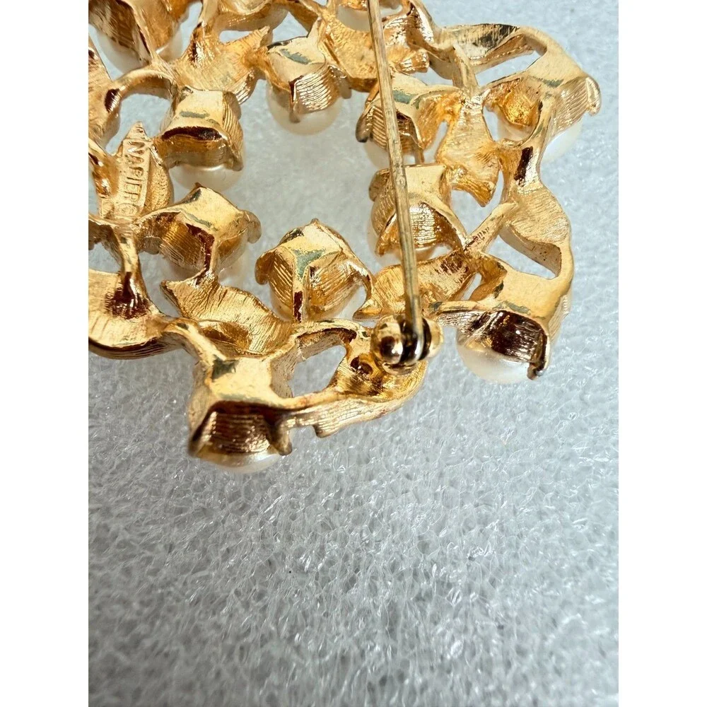 Vintage Napier Gold Tone Faux Pearl Wreath Brooch Brushed Leaf Pin